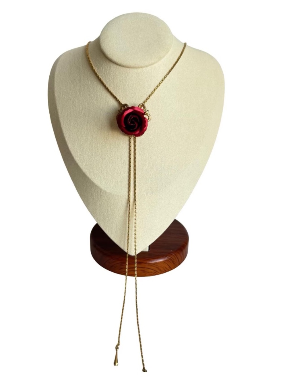 Vintage Red Rose Bolo Tie Lariat Necklace Gold Tone Chain Floral Pendant Jewelry - Picture 2 of 16